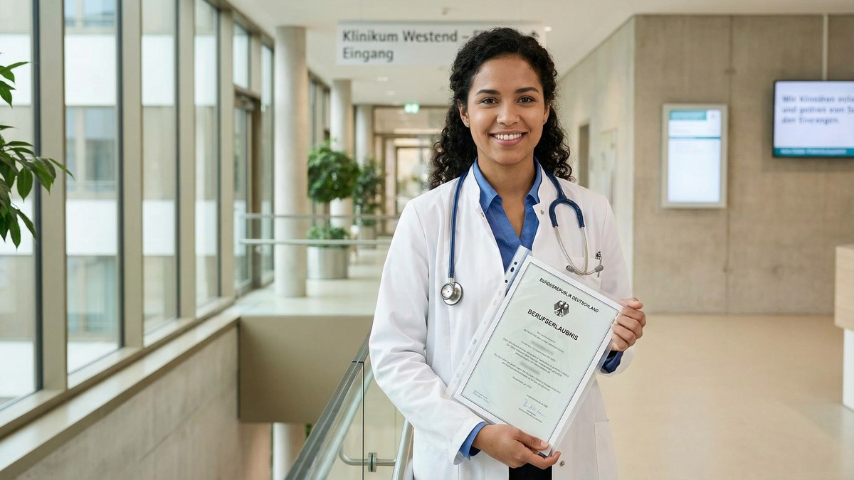 Médica extranjera sosteniendo su Berufserlaubnis en un hospital alemán