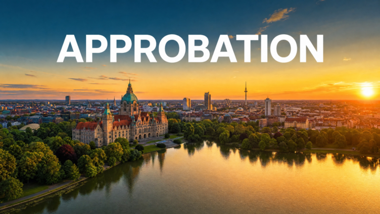 Vista panorámica de Hannover al atardecer con la palabra Approbation — guía de licencia médica en Alemania para médicos extranjeros